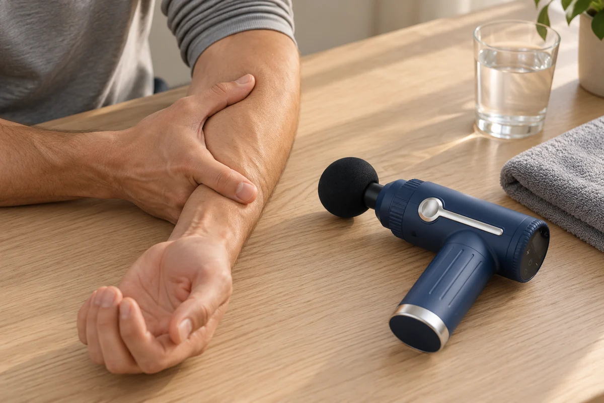 Zwei Hände halten einen Unterarm, daneben liegt eine Massagepistole auf dem Tisch