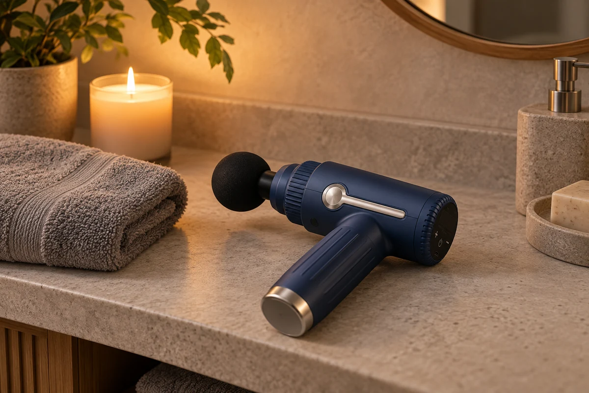 Ein Badezimmerregal im warmen Abendlicht mit gefaltetem Handtuch, einer Kerze und der Massagepistole
