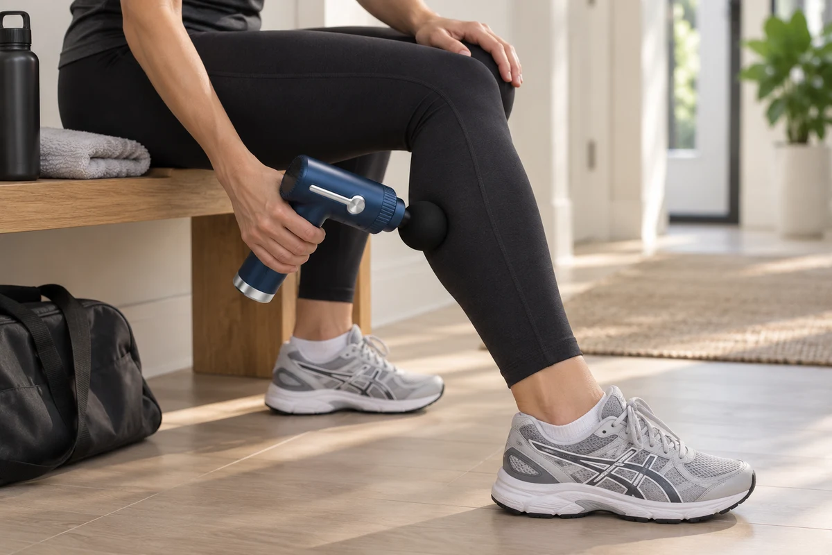 Auf einer Bank im Flur sitzend, Laufschuhe an, wird die Wade mit der Massagepistole bearbeitet