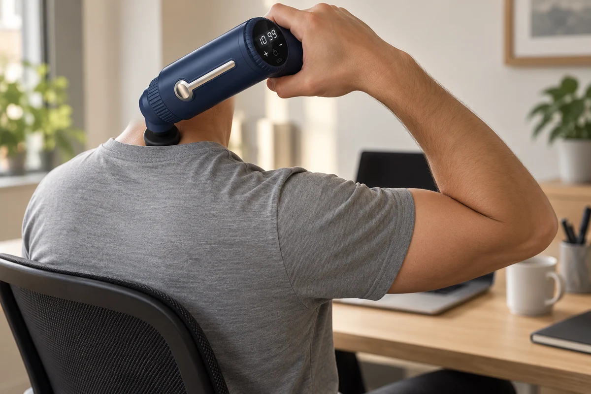 Aufrecht auf einem Bürostuhl sitzend wird das Gerät mit flachem Aufsatz am oberen Trapezmuskel angesetzt