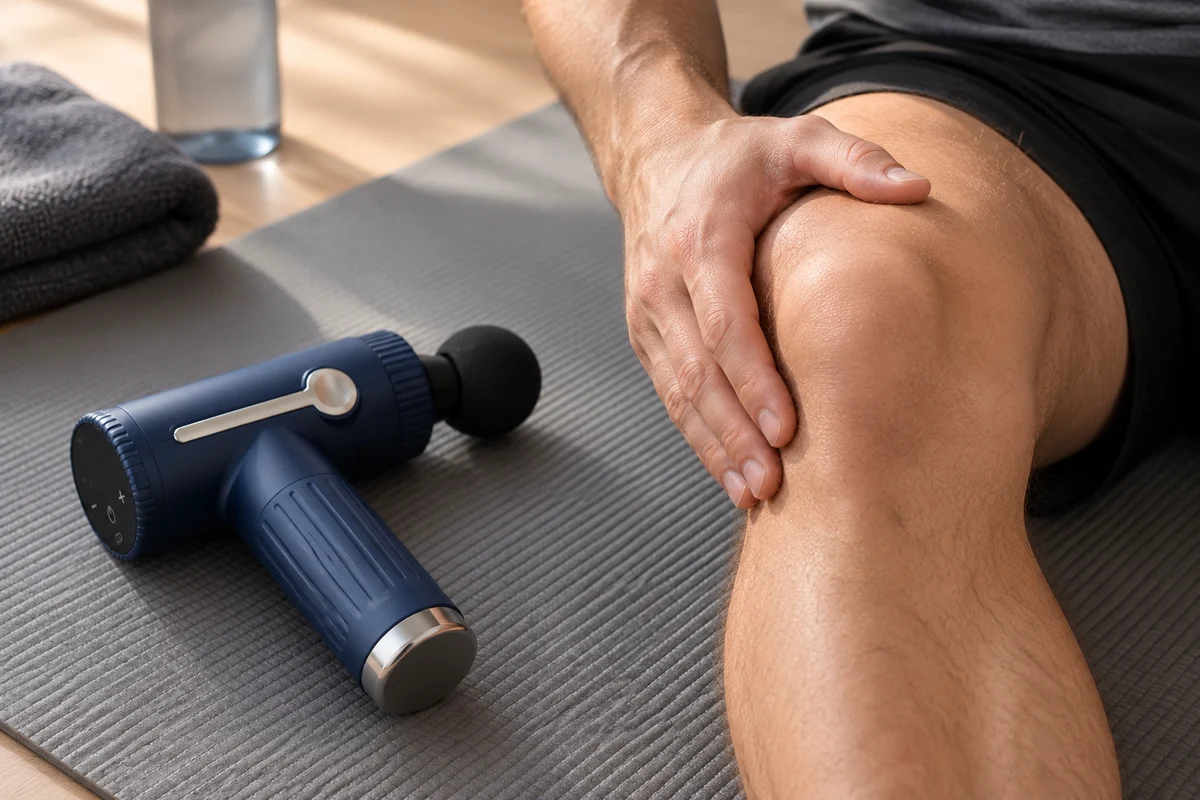 Eine Hand liegt schützend auf der Kniescheibe, die Massagepistole liegt ausgeschaltet auf der Matte daneben