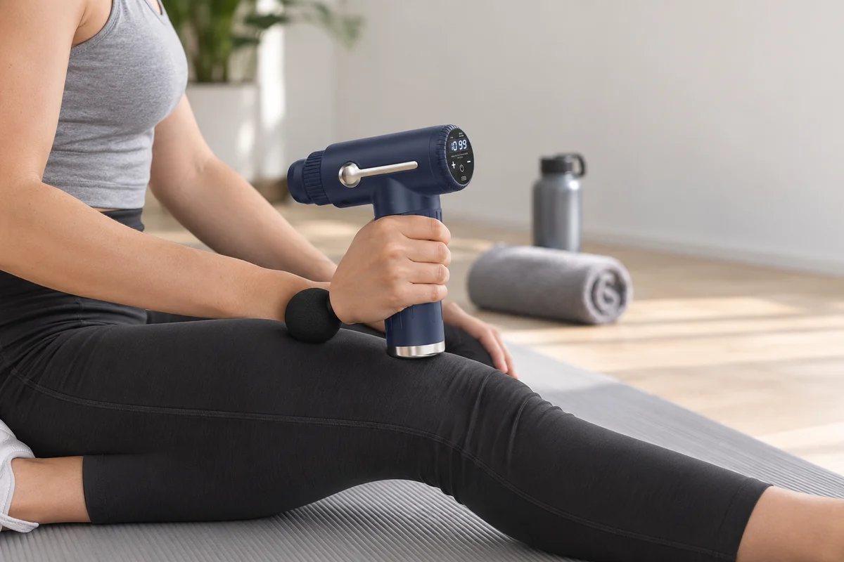 Eine Frau sitzt auf einer Matte und führt eine Massagepistole langsam über die Vorderseite ihres Oberschenkels