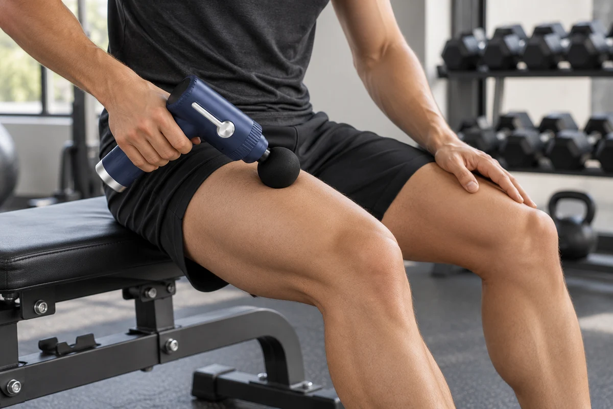 Ein Mann sitzt in einem Fitnessstudio auf einer Bank und setzt eine Massagepistole an der Vorderseite seines Oberschenkels an