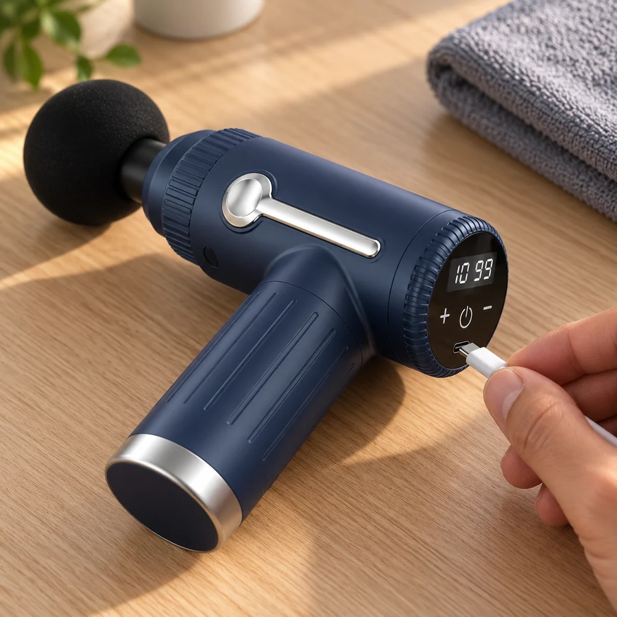 Ein USB-C-Kabel wird in die Ladebuchse an der Bedienfläche der Massagepistole gesteckt