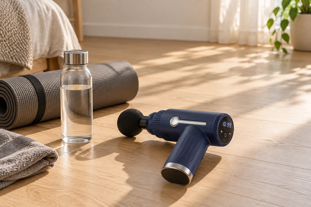 Morgenlicht auf hellem Holzboden: eine zusammengerollte Matte, ein Glas Wasser und die Massagepistole nebeneinander