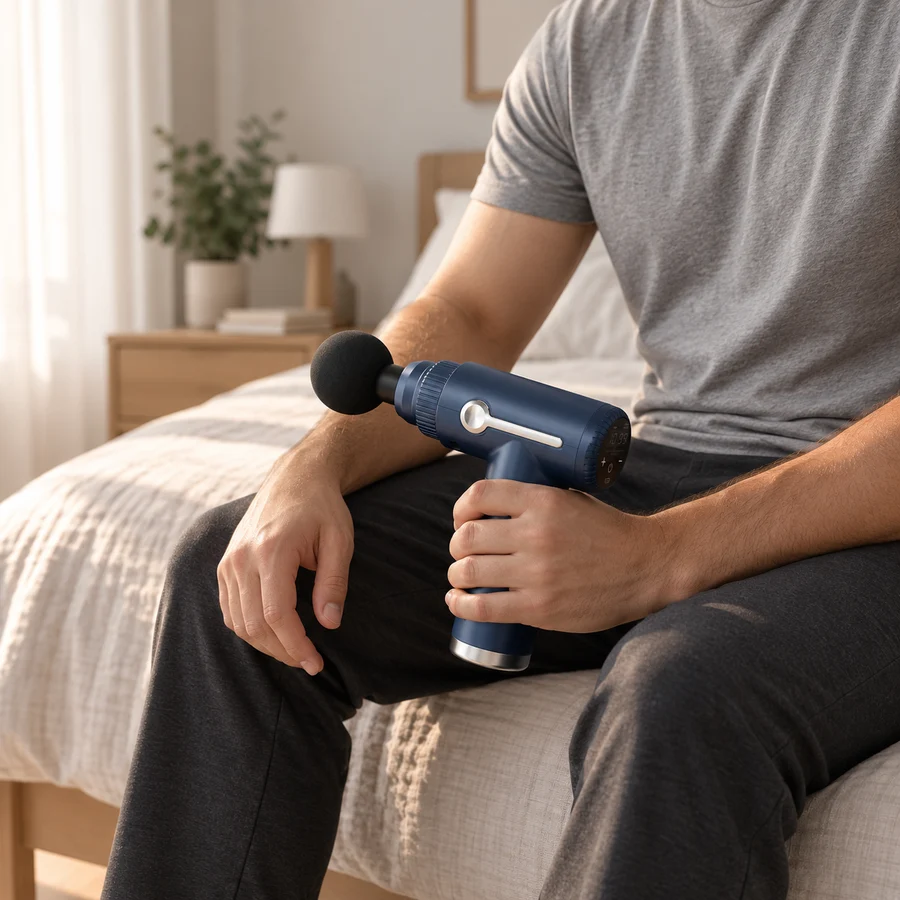 Jemand sitzt im Morgenlicht auf der Bettkante, die Massagepistole locker in der Hand auf dem Knie