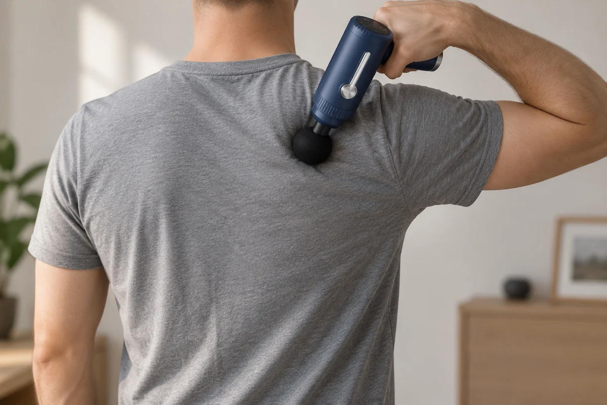 Die Massagepistole wird von hinten über die Schulter geführt und einige Zentimeter neben der Wirbelsäule aufgesetzt