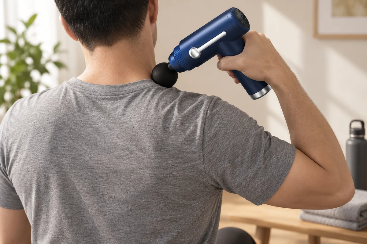 Von hinten gesehen wird die Massagepistole flach auf den oberen Trapezmuskel zwischen Hals und Schulter gelegt