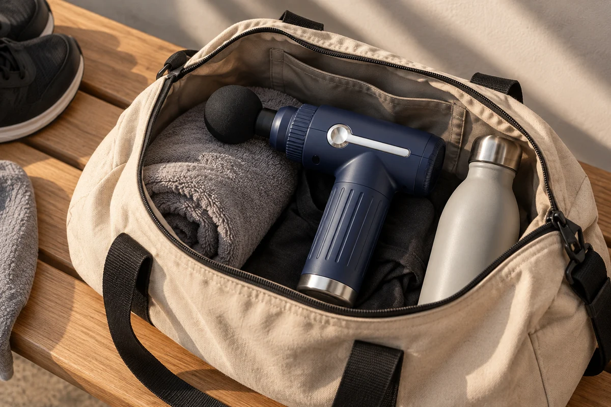 Eine offene Sporttasche aus hellem Canvas auf einer Holzbank, die Massagepistole darin neben einem Handtuch und einer Trinkflasche