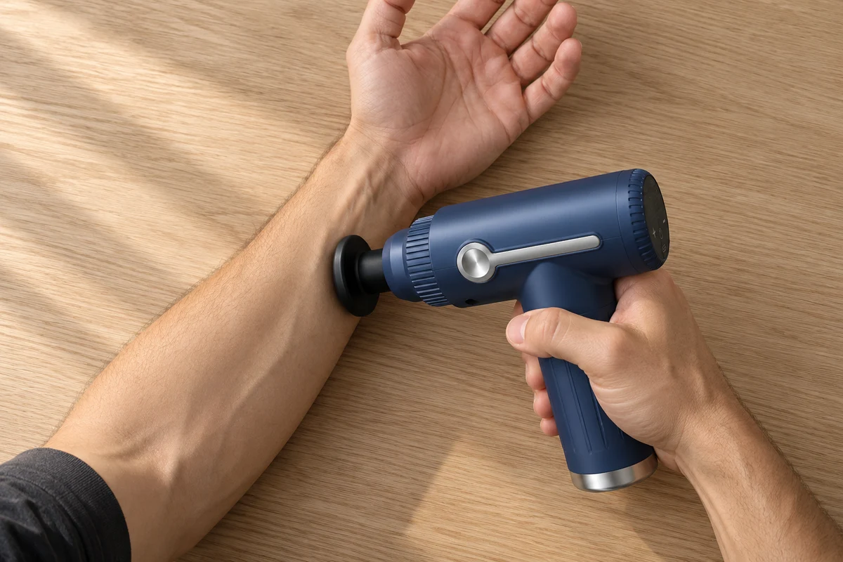 Ein Unterarm liegt mit der Handfläche nach oben auf einem Tisch, die andere Hand führt die Massagepistole mit flachem Aufsatz darüber