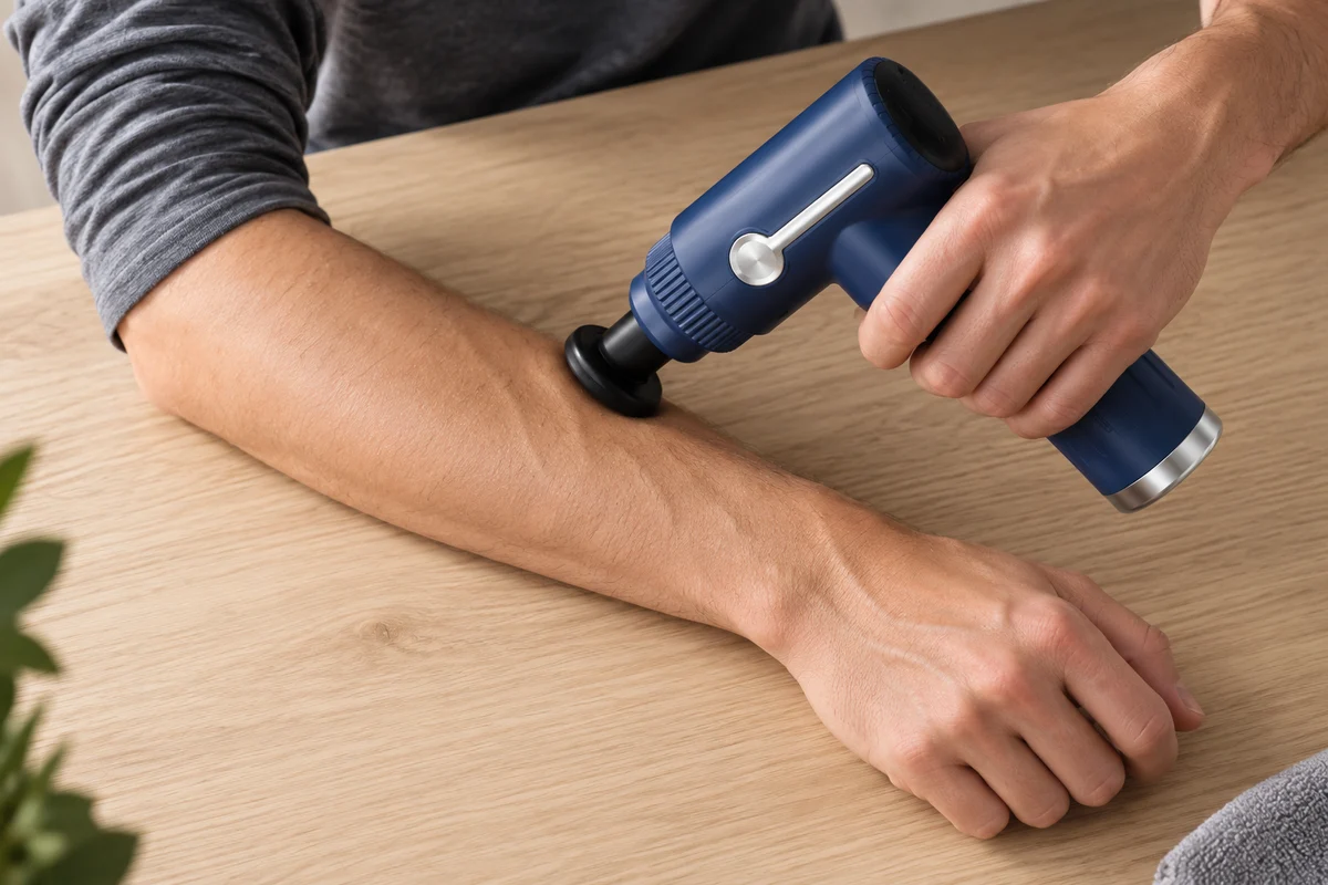 Ein Unterarm liegt auf einem Tisch, die andere Hand führt die Massagepistole mit flachem Aufsatz darüber