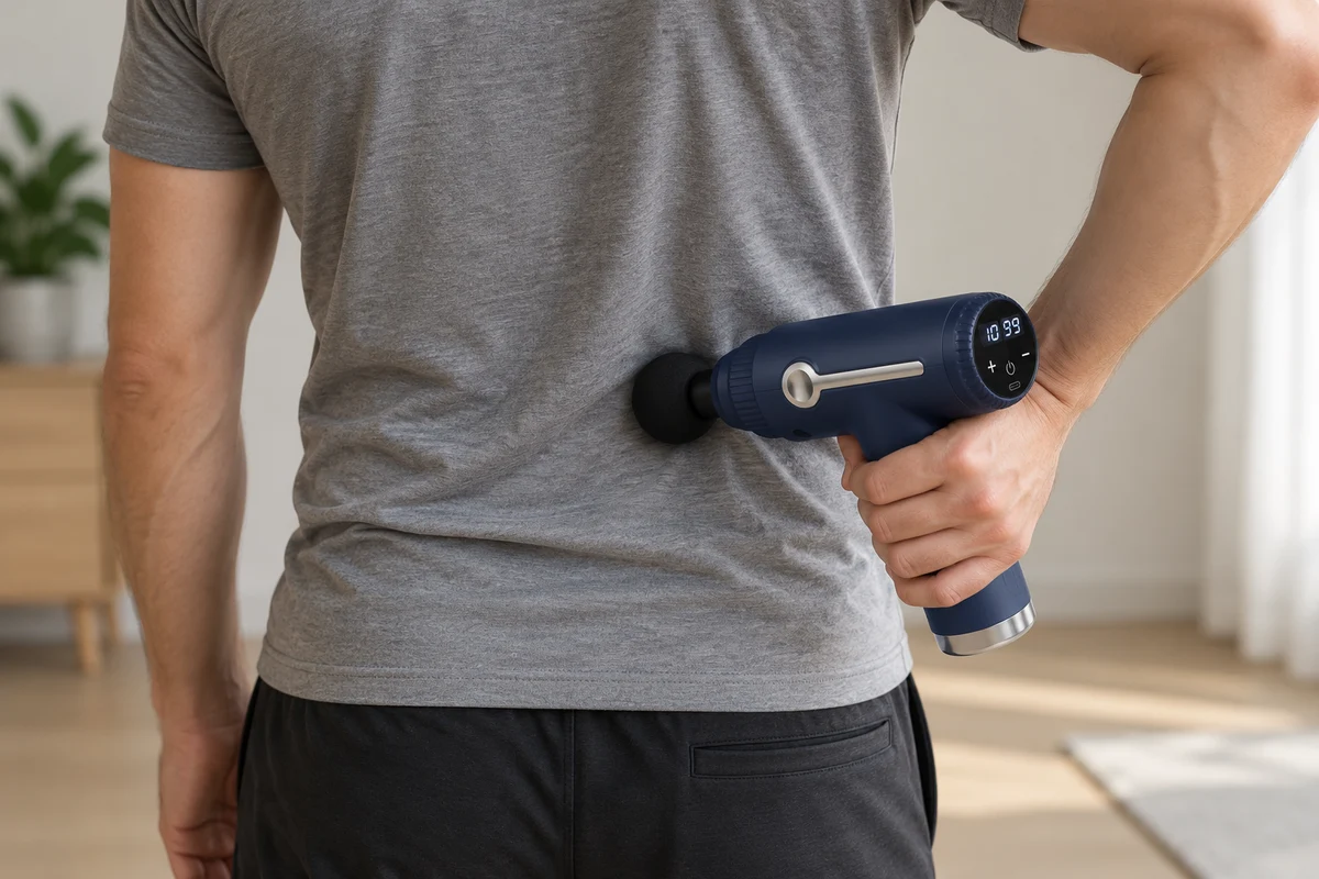 Eine Hand führt die Massagepistole im unteren Rücken seitlich neben der Wirbelsäule