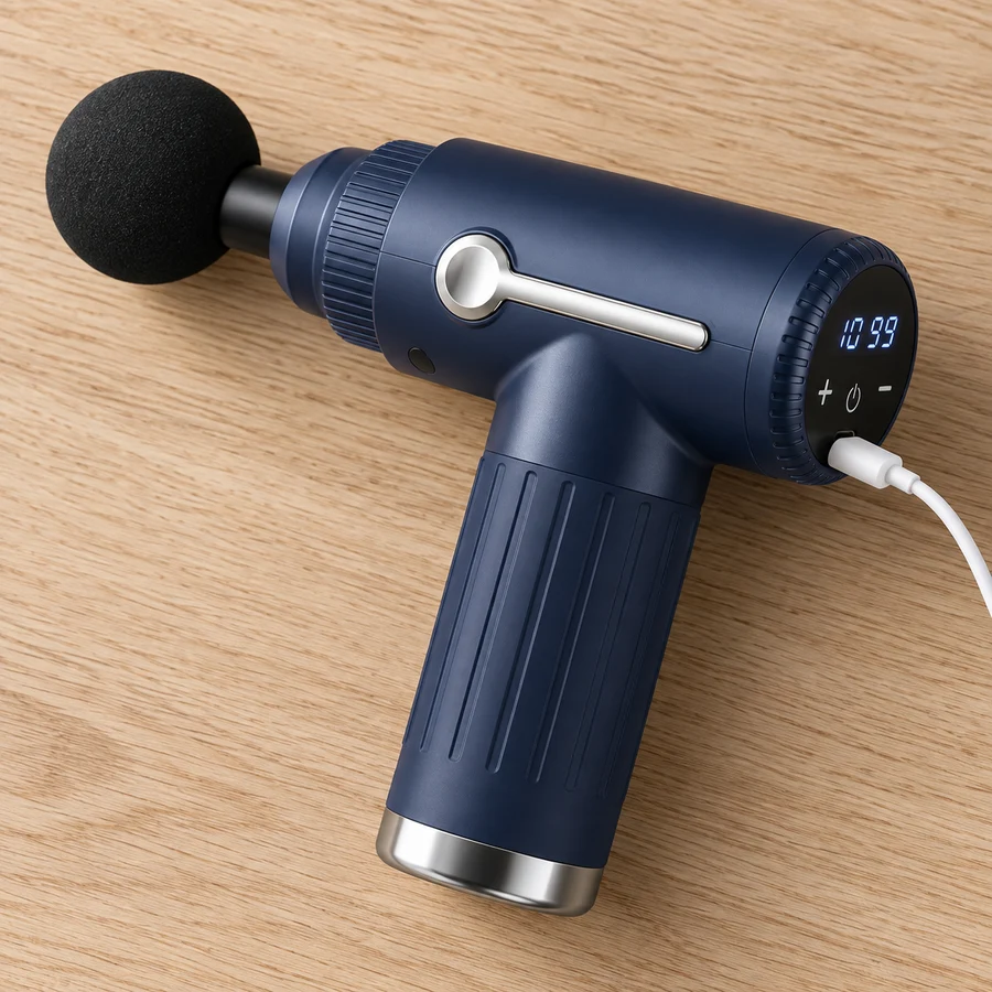 Die Massagepistole liegt auf hellem Eichenholz, ein weißes USB-C-Kabel steckt im Anschluss an der Bedienfläche