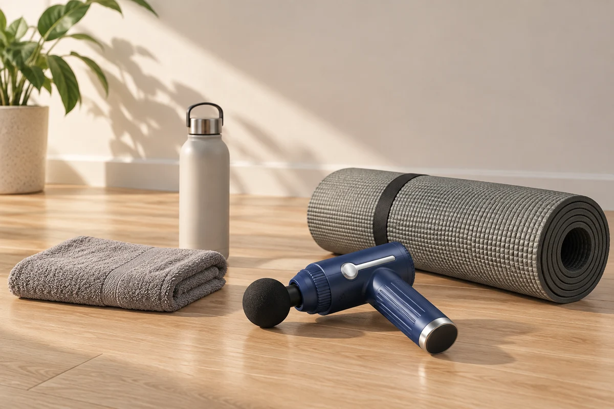 Eine zusammengerollte Matte, ein gefaltetes Handtuch, eine Trinkflasche und die Massagepistole auf hellem Eichenholzboden